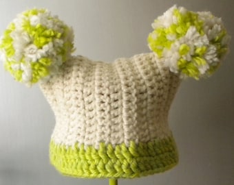Crochet Pom Pom Hat in Lime and Cream for Baby - winter hats for girls - winter hats for boys - chunky pom-pom hat for baby