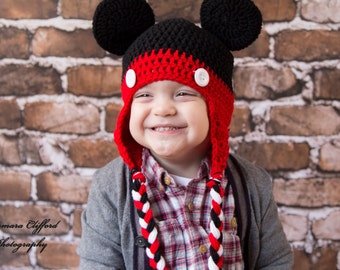 Crochet Hat- Mickey Mouse Hat in Black and Red with Ears and Braids for Baby / Toddler / Boy / Girl / Man / Woman