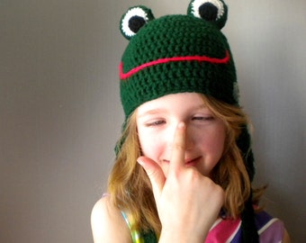 Crochet Frog Hat for Adults - cartoon frog hat in grass green with long leg earflaps