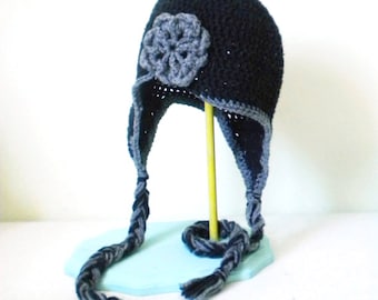 Crochet Aviator Hat - Earflap Flapper Hat in Black and Turbulence Gray with Flower for Baby / Toddler / Boy / Girl / Man / Woman