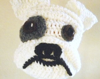 Crochet Bulldog Hat- White Dog Beanie with Floppy Ears, Wrinkly Snout - Animal Hat for Halloween Costume or Dress Up