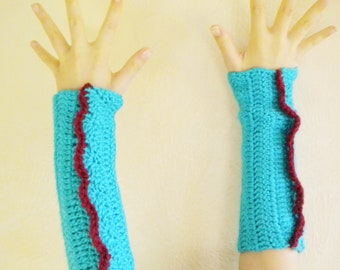 Crochet Armwarmers Sleeves in Vibrant Aqua Blue and Red - Cozy and Chunky Crochet Accessories - Sized for Child