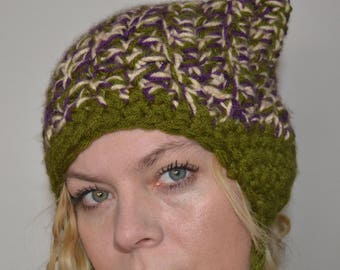 Crochet Hat - Cat Hat in Olive Green, Purple, and Cream with Braids and Ears - Perfect for skiing and snowboarding