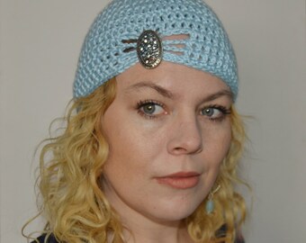Crochet Flapper Hat in Sky Blue - choose your own brooch - winter crochet hats for women - winter hats for girls