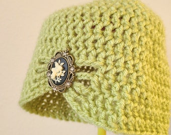 Flapper Style Cloche Hat - luxe lemongrass green yarn with cameo brooch - Winter Hats for Girls and Toddlers