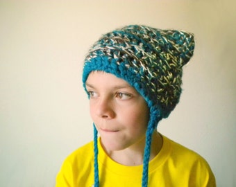 Crochet Cat Hat in Teal, Brown, and White with Long Braids - crochet winter hats for men - crochet winter hats for women