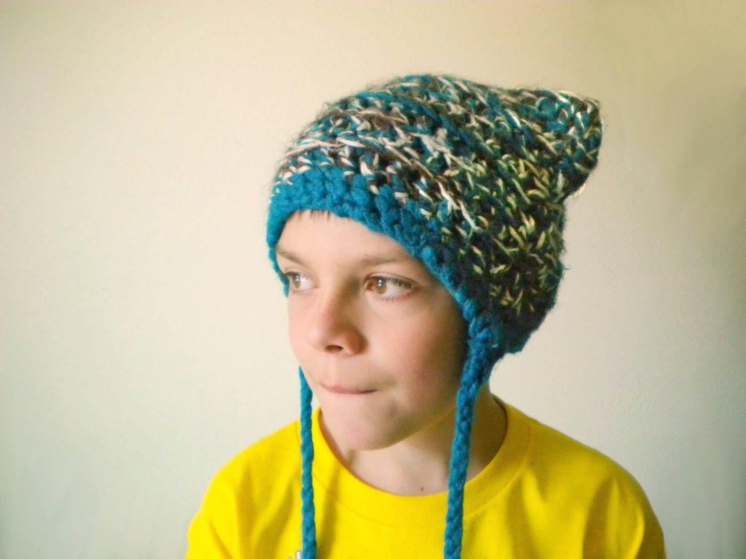 Crochet Cat Hat in Teal, Brown, and White with Long Braids - crochet winter hats for men - crochet winter hats for women