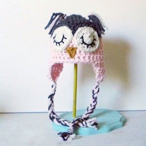 Crochet Owl Hat in Soft Pink and Gray - crochet animal hats for girls - crochet animal hats for boys - crochet owl hat for baby girls