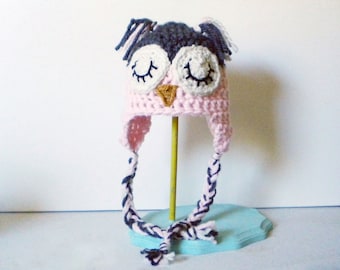 Crochet Owl Hat in Soft Pink and Gray - crochet animal hats for girls - crochet animal hats for boys - crochet owl hat for baby girls