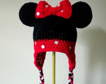 Minnie Mouse Crochet Hat in Black and Red with Ears and Braids for Halloween Costume - Cartoon Hat