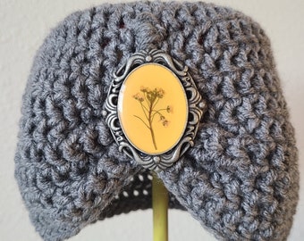 Flapper Style Cloche Hat - soft gray yarn with yellow brooch - Winter Hats for Women and Girls