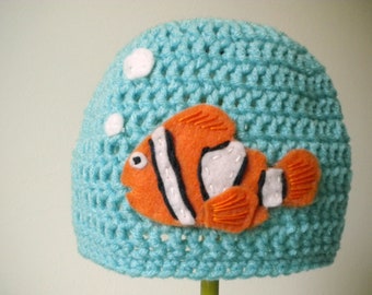 Crochet Hat - Snug Beanie in Aqua Blue with Bright Orange Clownfish - Soft Crochet Hat for Baby / Toddler / Boy / Girl / Man / Woman