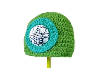 Wool Crochet Hat for Newborn- Grass Green with Turquoise Circle and Shell