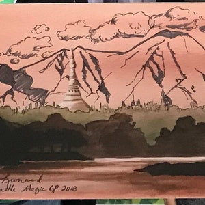May include: A hand-drawn illustration of a mountain range with a pink sky and clouds. The mountains are drawn in black ink with a brown wash. The text "Rick Leonard Seattle Magic GP 2018" is written in black ink at the bottom of the image.