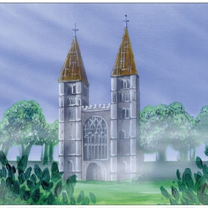 Könnte beinhalten: Ein Gemälde eines Steingebäudes mit zwei hohen Türmen und einem großen Bogenfenster. Das Gebäude ist von Bäumen und Nebel umgeben.