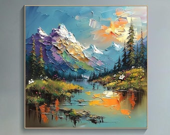 Vibrant Mountain Landscape Oil Painting Abstract Nature Art Designer Art Large Canvas Art for Living Room 3D Textured Wall Art Statement Art