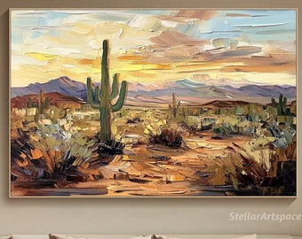 Cactus Painting On Canvas 3D Textured Sunset Wall Art Modern Handmade Nature Painting  Desert Landscape Art Large Living Room Decor
