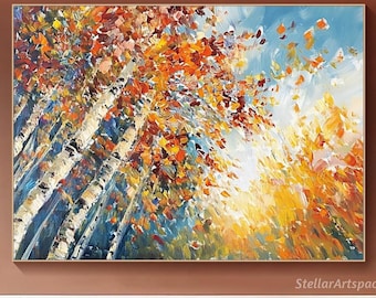 Pintura de abedul texturizado: lienzo con bosque de álamos y empastado en 3D