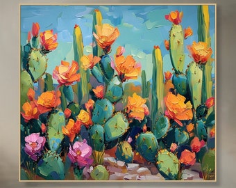 3D Textured Abstract Cactus Flower Painting Large Wall Art Colorful Desert Canvas Modern Impressionist Art Floral Decor Living Room Artwork