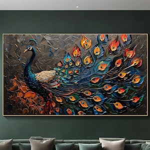 3D Peacock Oil Painting Large Canvas Wall Art Vibrant Bird Painting Living Room Decor Modern Home Decor  Animal Art Hand-Painted Artwork