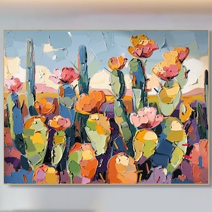 3D Textured Abstract Cactus Flower Painting Large Wall Art Colorful Desert Canvas Modern Impressionist Art Floral Decor Living Room Artwork