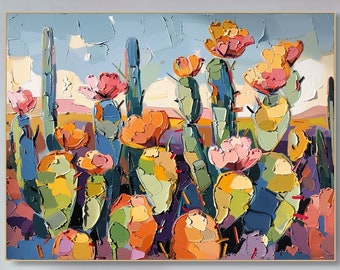 3D Textured Abstract Cactus Flower Painting Large Wall Art Colorful Desert Canvas Modern Impressionist Art Floral Decor Living Room Artwork