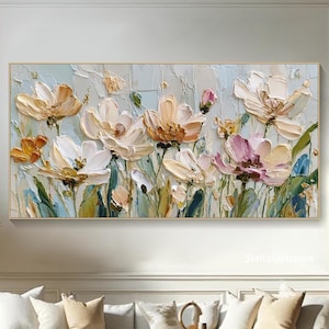 Horizontal Floral Textured Wall Art Wildflower Meadow Oil Painting On Canvas Impressionist Living Room Wall Art Spring Garden Inspired Decor