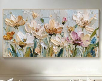 Textured Wildflower Meadow Oil Painting: Impressionist Spring Garden Wall Art
