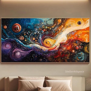 Pintura abstracta cósmica original sobre lienzo, arte de pared texturizado de galaxia 3D, pintura colorida del universo moderno, decoración de pared de gran tamaño para sala de estar