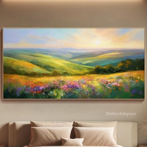 Sunset Meadow Painting On Canvas 3D Textured Nature Wall Art Colorful Flower Field Canvas Artwork Modern Wall Art Large Living Room Art