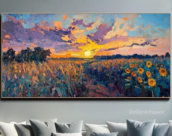 Sunflower Landscape Oil Painting on Canvas Summer Field Textured Wall Art Vibrant Sunset Floral Living Room Wall Art Nature Inspired Art
