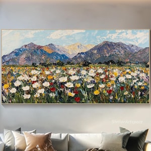 Mountain Painting On Canvas 3D Textured Wildflower Wall Art Vibrant Nature Artwork Abstract Mountain And Meadow Painting Living Room Art