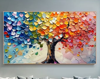 Original Colorful Tower Tree Painting on Canvas 3D Impasto Textured Tree Painting Dreamy Vibrant  Wall Art Living Room Art Contemporary Art