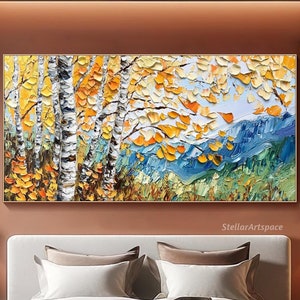 Textured Autumn Birch Tree Painting: 3D Woodland Canvas Art