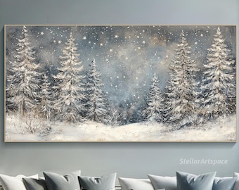 Horizontal 3D Textured  Wall Art Large Long Wide Original Winter Forest Painting On Canvas Panoramic Snowy Pine Trees Wall Art Starlit Art