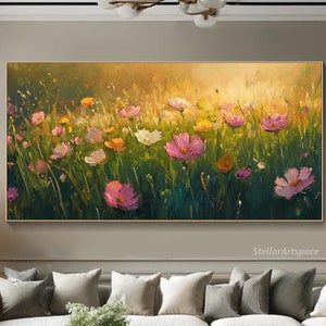 Wildflower Meadow Painting On Canvas Impressionist Floral Textured Wall Art Sunset Field Artwork Blooming Flowers Art Living Room Wall Art