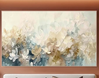 Abstract Floral Canvas Art Elegant Impressionist Cream Blue Blossoms  Flower Painting on Canvas Contemporary Luxurious Neutral Tons Decor
