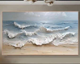 Blue Ocean Wave Painting on Canvas Impasto Textured Painting Designer Serene Canvas Art Choice Minimalist Living Room Art Contemporary Art