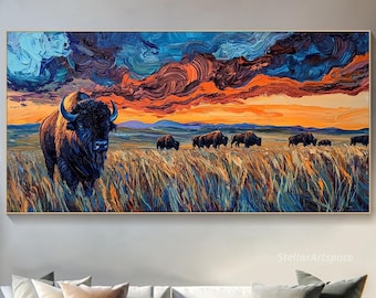 May include: A painting of a herd of bison in a field with a dramatic sunset sky. The bison are painted in a realistic style, while the sky is painted in a more abstract style with swirling colors of blue, orange, and purple.
