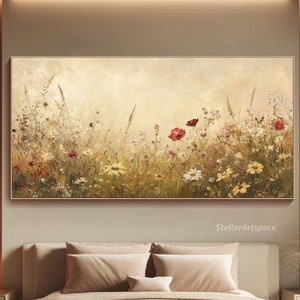 Wildflower Meadow Painting On Canvas 3D Textured Rustic Floral Wall Art Nature-Inspired Art Field of Flowers Wall Art Large Living Room Art