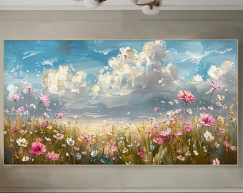 Flowers Under the Sky Canvas Art Elegant Impressionist Cream Blossoms  Flower Painting on Canvas Contemporary Luxurious Neutral Tons Decor