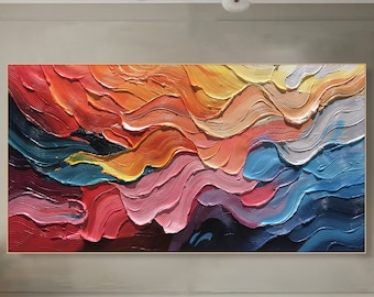 Vibrant Abstract Wave Oil Painting Large Wall Art Colorful Textured Canvas Modern Home Decor Hand-Painted 3D Artwork