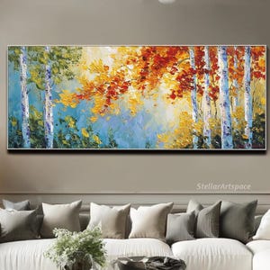 Peinture à l'huile texturée de bouleau d'automne : oeuvre d'art sur toile forêt d'automne vibrante