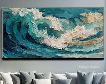 Oljemålning med havsvågor på duk, texturerad väggkonst med havslandskap, blågrön impasto-duk, palettkniv, vågkonst, vardagsrumsväggkonst