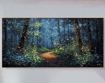 Fireflies Dancing In Forest Oil Painting on Canvas Textured Canvas Art Large Landscape Wall Decor Custom Nature Artwork Modern Home Decor