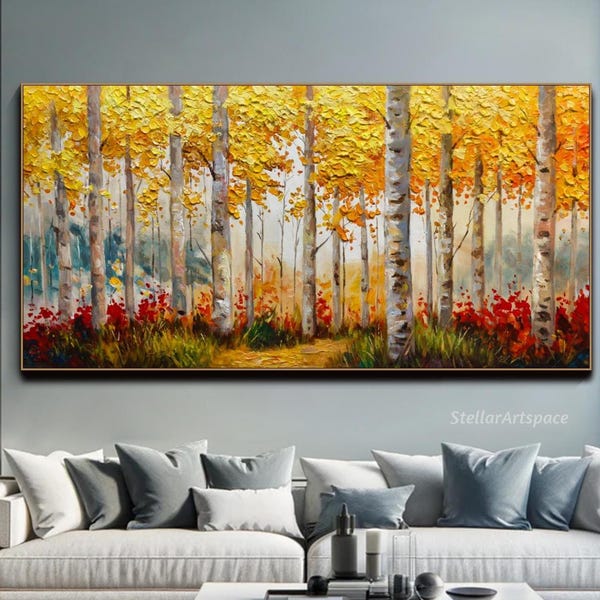 Cuadro de bosque de abedules otoñal sobre lienzo texturizado. Arte mural con árboles dorados. Gran formato horizontal. Pintura al óleo original para la decoración del salón.