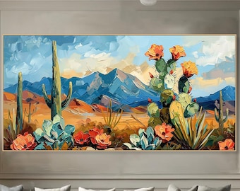 Impasto Cactus Flower Painting: Desert Landscape Art on Canvas