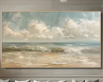 May include: A painting of a seascape with white clouds and blue sky over a sandy beach with waves crashing on the shore.