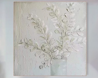 Peinture 3D blanc pur, peinture à empâtement végétal texturé sur toile, art mural végétal abstrait moderne, couleur douce, art contemporain pour le salon