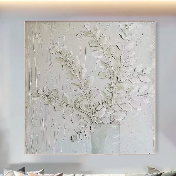 Pure White 3D Painting Textured Plant Impasto Painting on Canvas Modern Abstract Plant Wall Art Contemporary Soft Color Living Room Art
